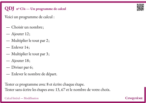 Question Du Jour --- Calcul littéral --- Modélisation --- Un programme de calcul