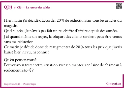Question Du Jour --- Proportionnalité --- Pourcentages --- Le retour des soldes