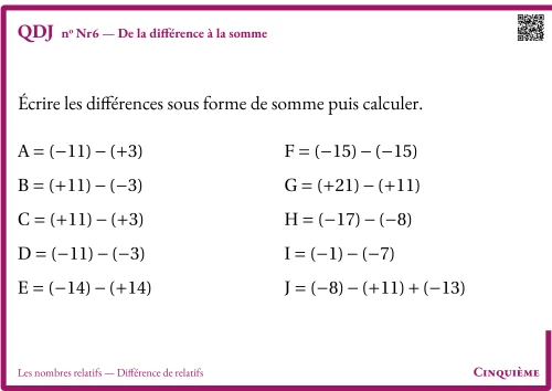 Question Du Jour --- Les nombres relatifs --- Différence de relatifs --- De la différence à la somme