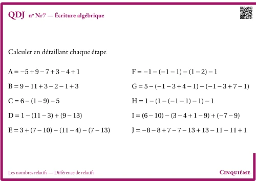 Question Du Jour --- Les nombres relatifs --- Différence de relatifs --- Écriture algébrique