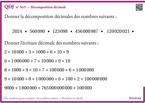 Question Du Jour --- Des nombres pour compter : les nombres entiers --- Nombres et calculs --- Multiplication, somme et différence