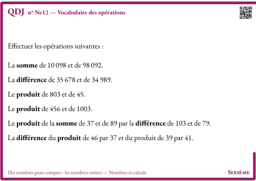Question Du Jour --- Des nombres pour compter : les nombres entiers --- Nombres et calculs --- Arbre de calculs