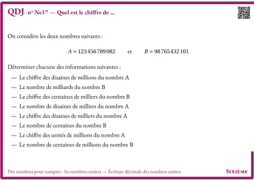 Question Du Jour --- Des nombres pour compter : les nombres entiers --- Écriture décimale des nombres entiers --- Quel est le chiffre de ...